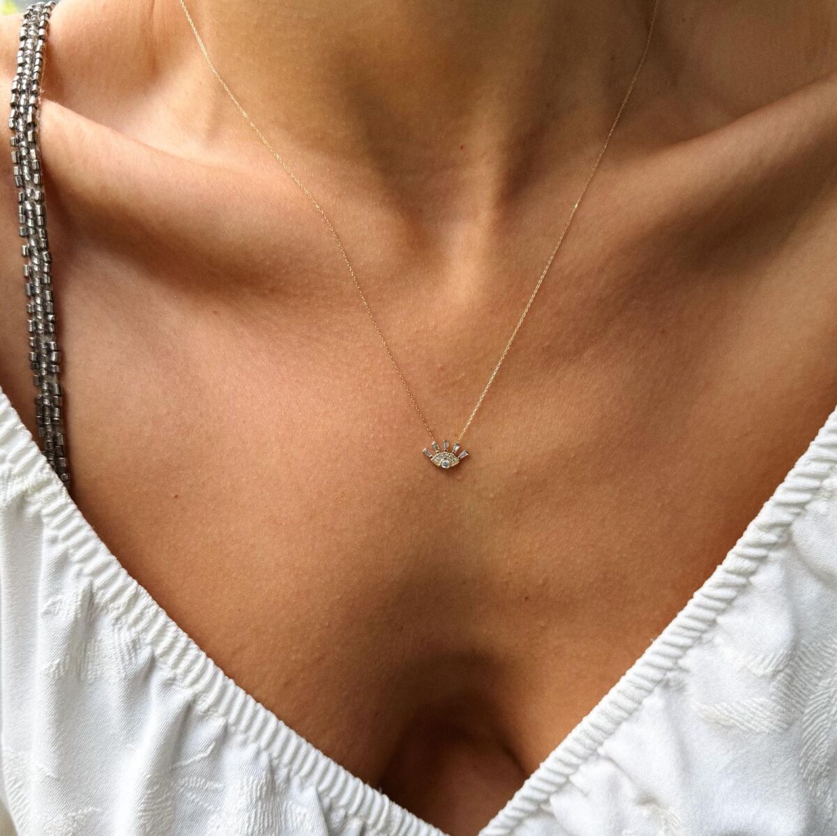 Baget Taşlı Göz Kolye | 14 Ayar Altın - 1