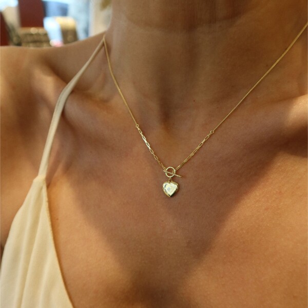 Dikdörtgen Zincirli Kalp Kolye | 925 Gümüş - 1