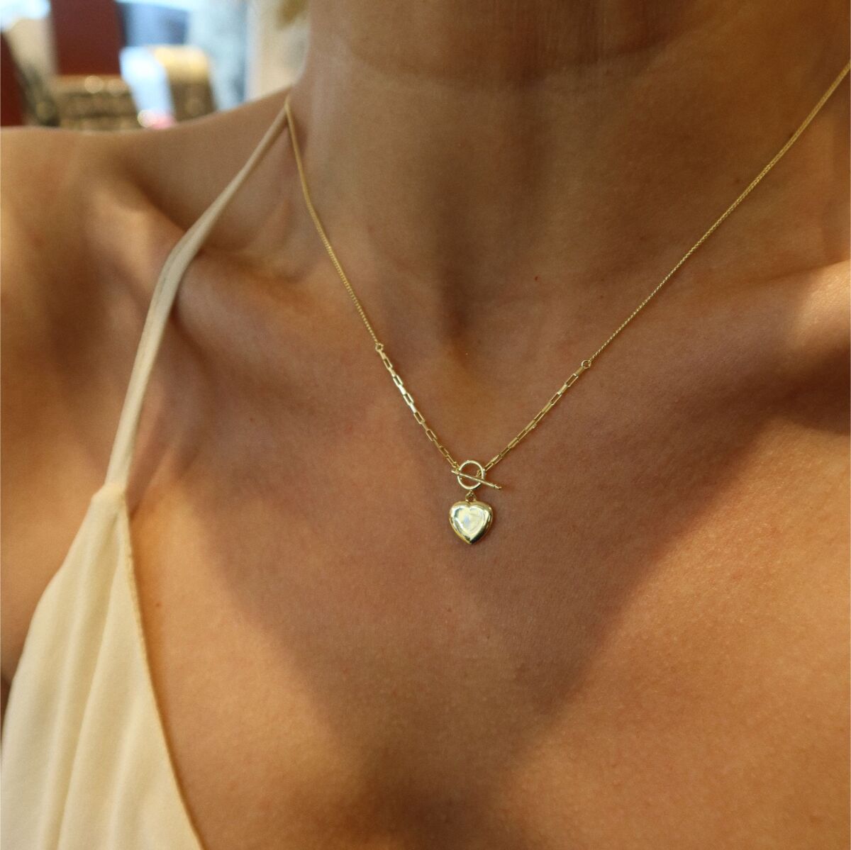 Dikdörtgen Zincirli Kalp Kolye | 925 Gümüş - 1