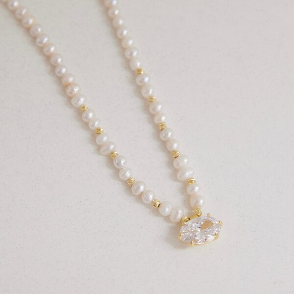 İncili Oval Taşlı Kolye | 925 Gümüş - 2