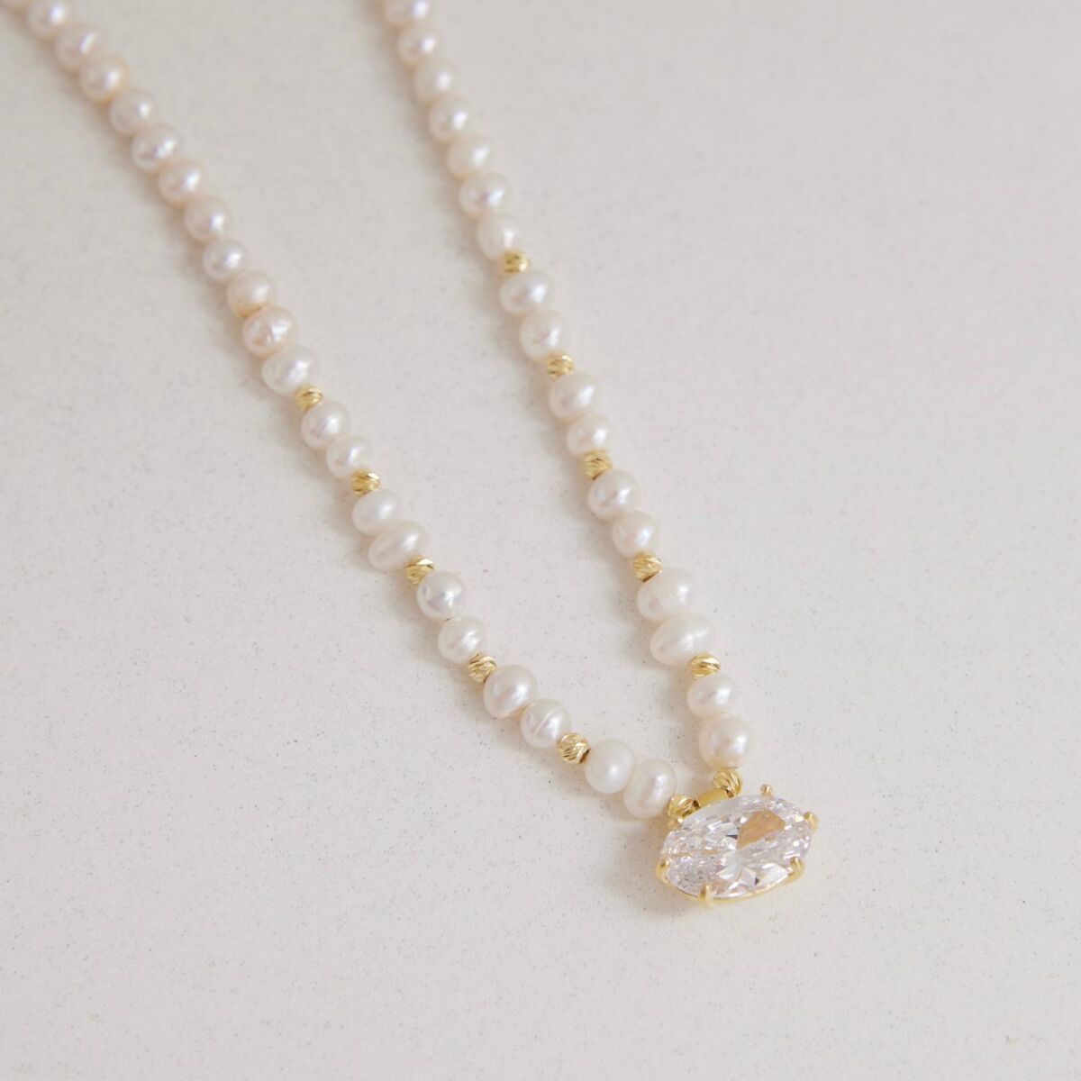 İncili Oval Taşlı Kolye | 925 Gümüş - 2