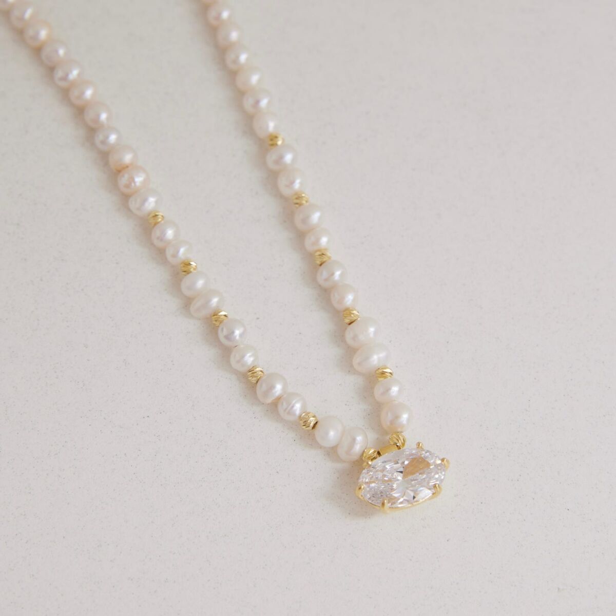 İncili Oval Taşlı Kolye | 925 Gümüş - 1