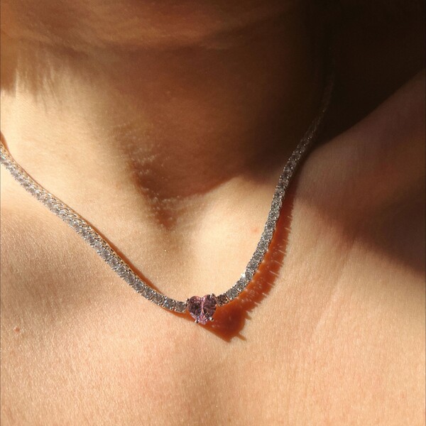 Pembe Kalpli Taşlı Kalın Su Yolu Choker | 925 Gümüş - 3