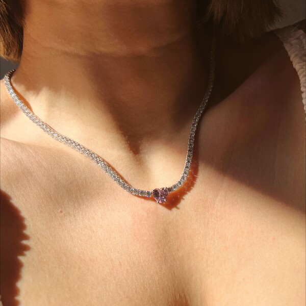 Pembe Kalpli Taşlı Kalın Su Yolu Choker | 925 Gümüş - Fi Season