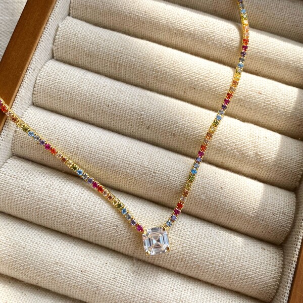 Kare Taşlı Beyaz Taşlı Renkli Su Yolu Choker | 925 Gümüş - Fi Season