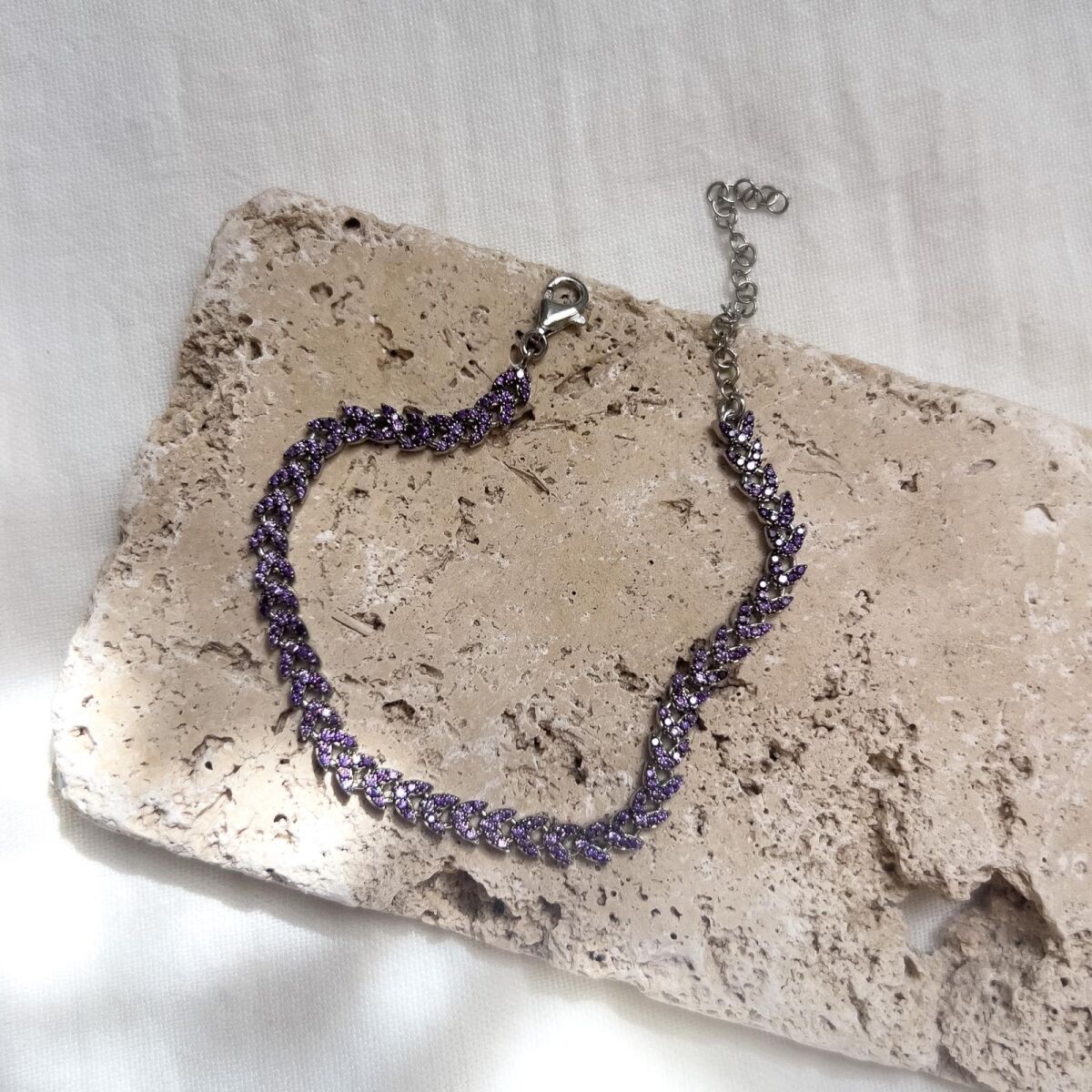 Lila Taşlı Yaprak Bileklik | 925 Gümüş - 1