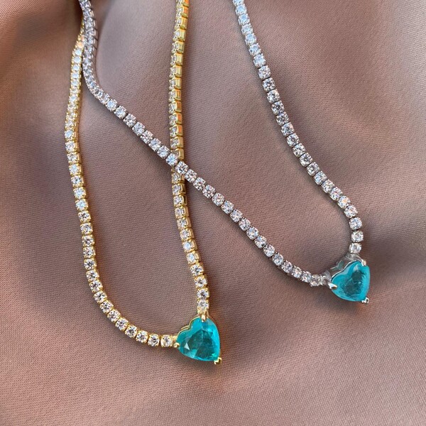 Mavi Taşlı Kalpli Su Yolu Choker | 925 Gümüş - 3