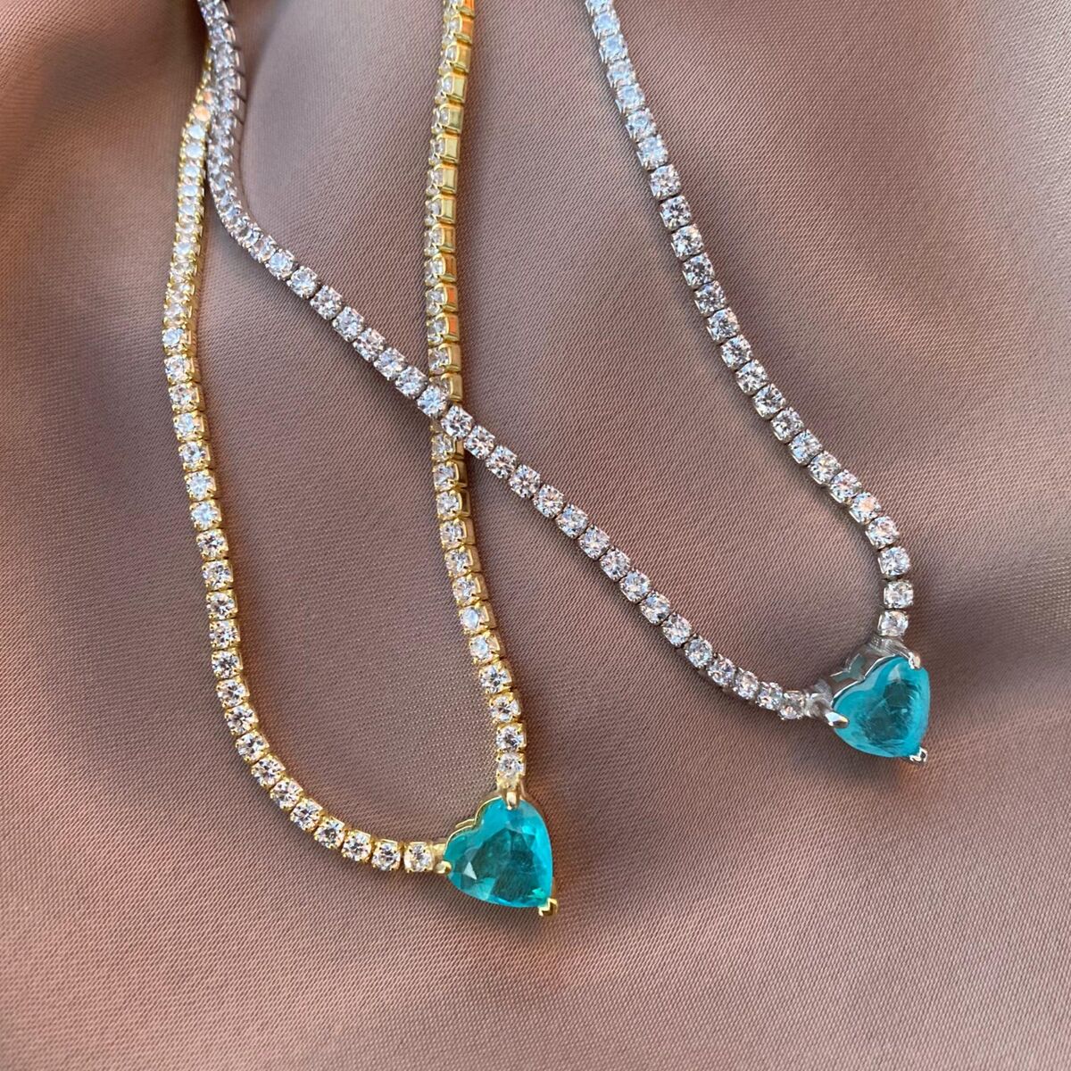Mavi Taşlı Kalpli Su Yolu Choker | 925 Gümüş - 3