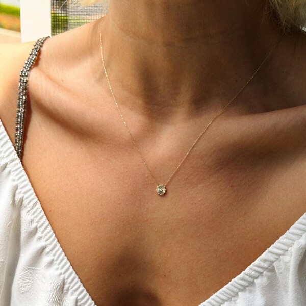 Minik Taşlı Daire Kolye | 14 Ayar Altın - 1