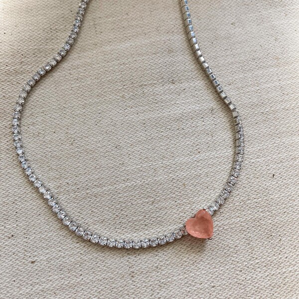 Ortası Kalpli Taşlı Su Yolu Choker | 925 Gümüş - Fi Season