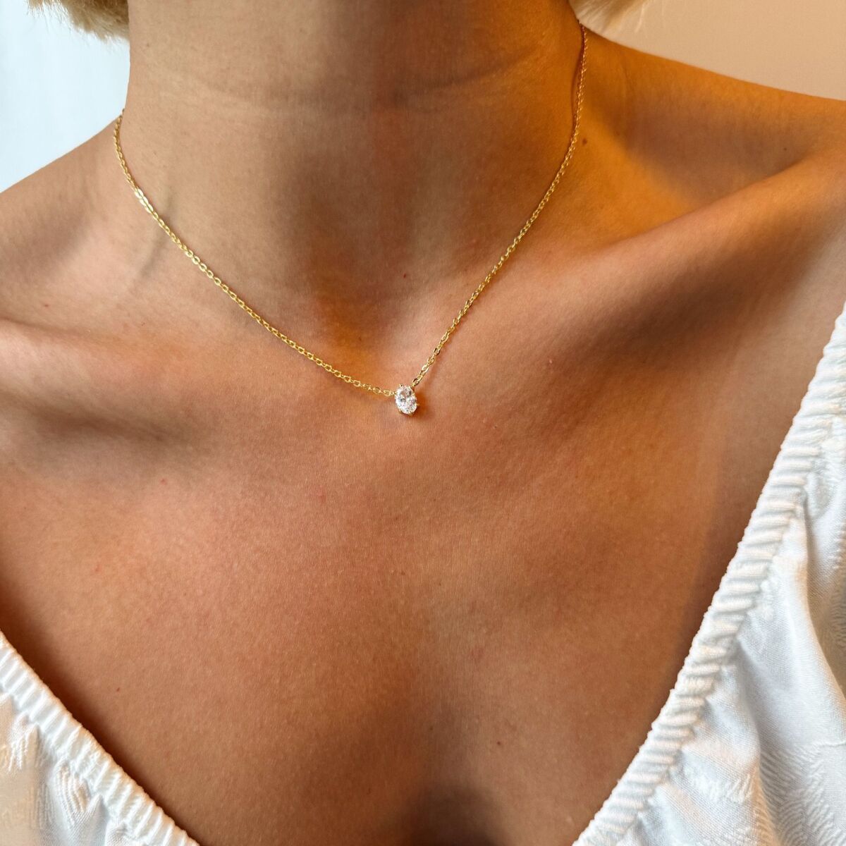 Oval Tek Taş Kolye | 925 Gümüş - 1