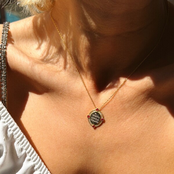 Pembe Taşlı Dua Yazılı Kolye | 925 Gümüş - 1