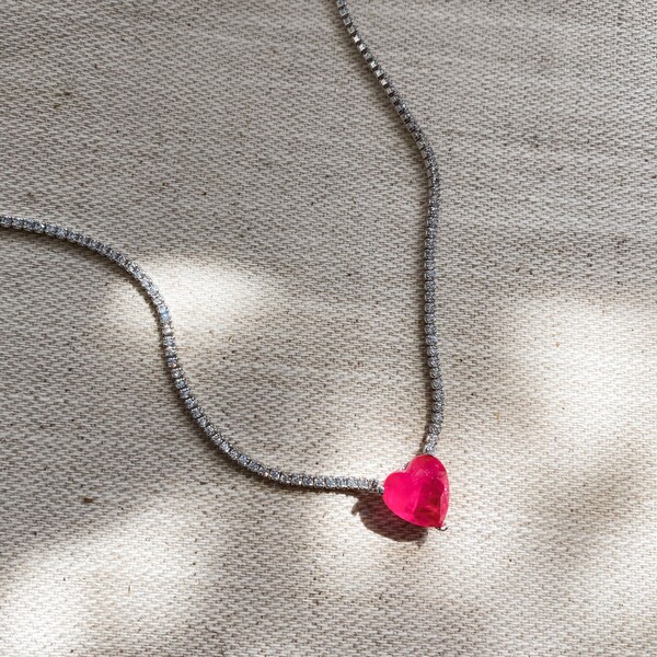 Pembe Taşlı Kalp Su Yolu Choker | 925 Gümüş - Fi Season
