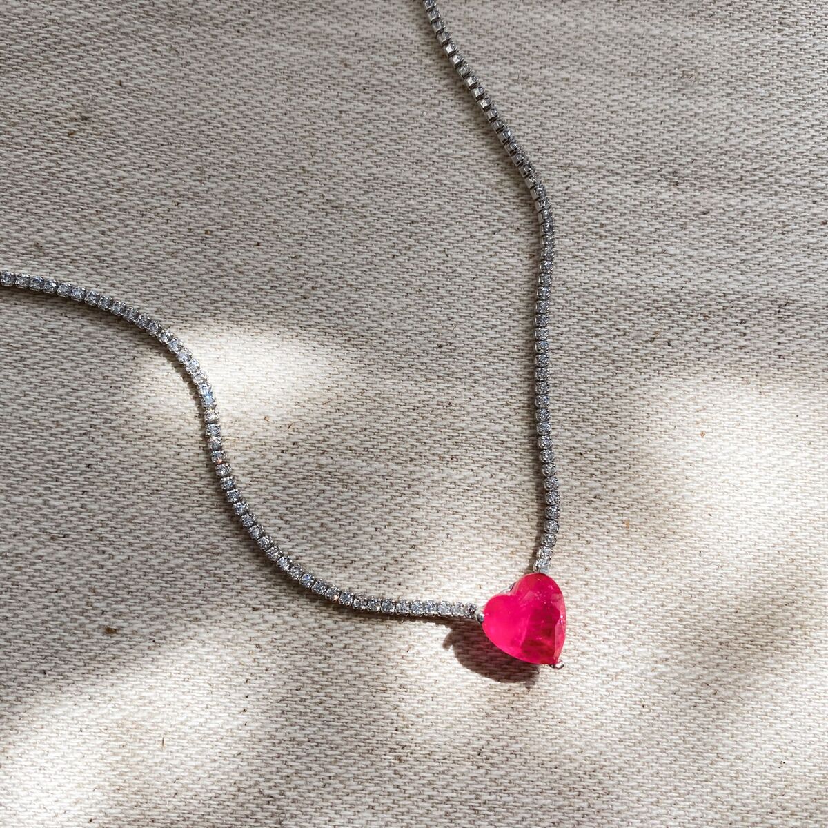 Pembe Taşlı Kalp Su Yolu Choker | 925 Gümüş - 1