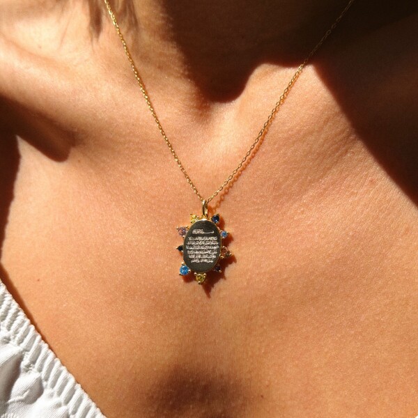 Renkli Taşlı Dua Yazılı Kolye | 925 Gümüş - 1