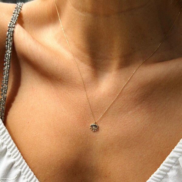 Siyah Mineli Taşlı Göz Kolye | 14 Ayar Altın - 1