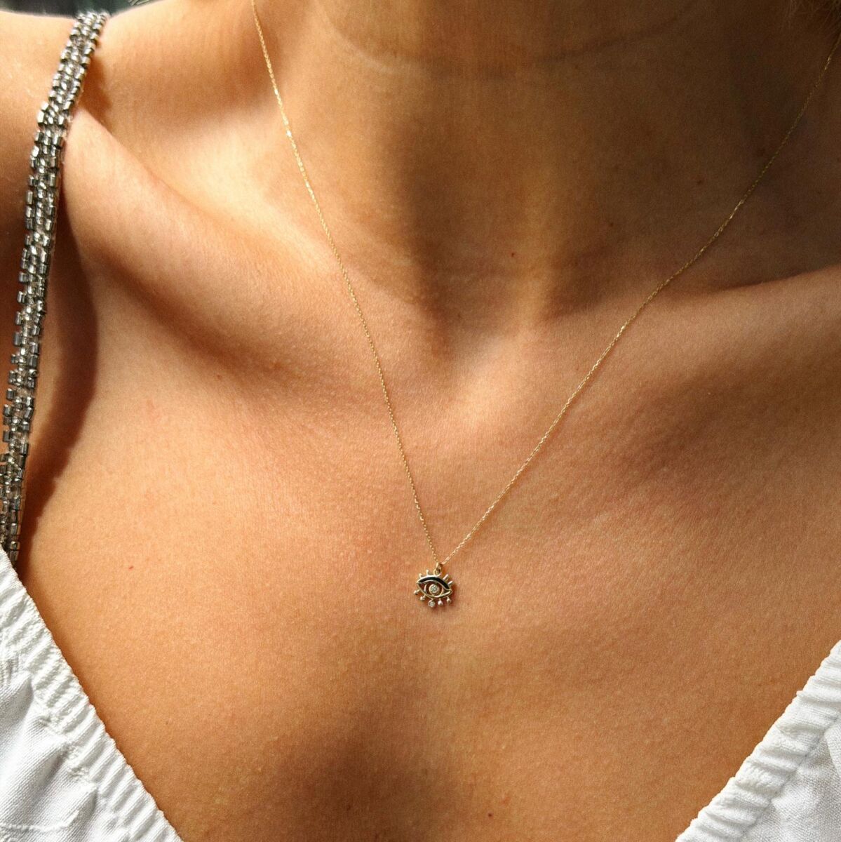 Siyah Mineli Taşlı Göz Kolye | 14 Ayar Altın - 1