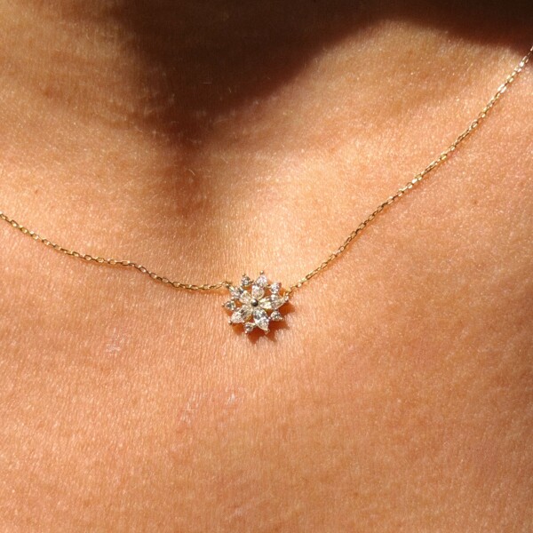 Taşlı Çiçek Kolye | 14 Ayar Altın - 3