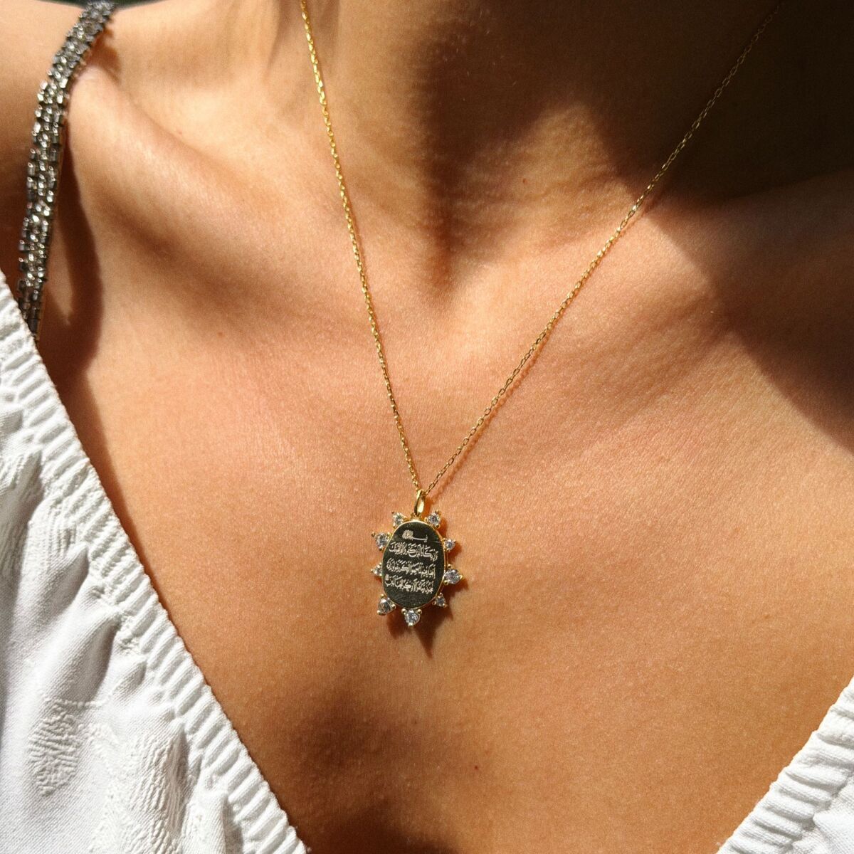 Taşlı Oval Dua Yazılı Kolye | 925 Gümüş - 2