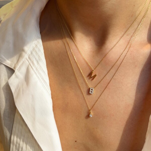 Taşlı Harf Kolye | 14 Ayar Altın - 2