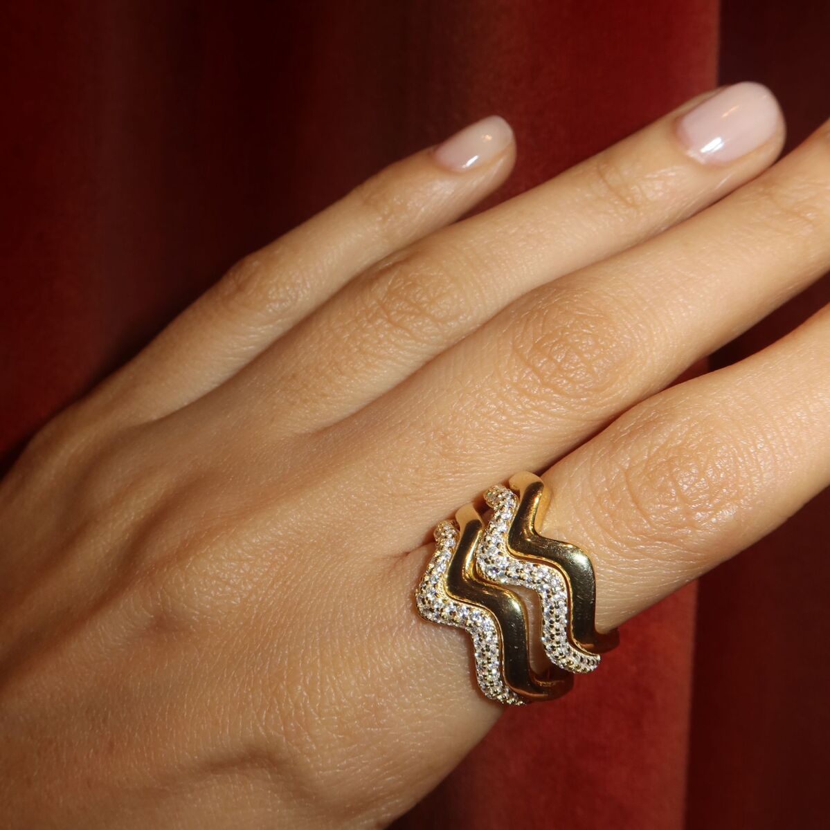 Taşlı Kıvrımlı Yüzük Seti | 925 Gümüş - 1