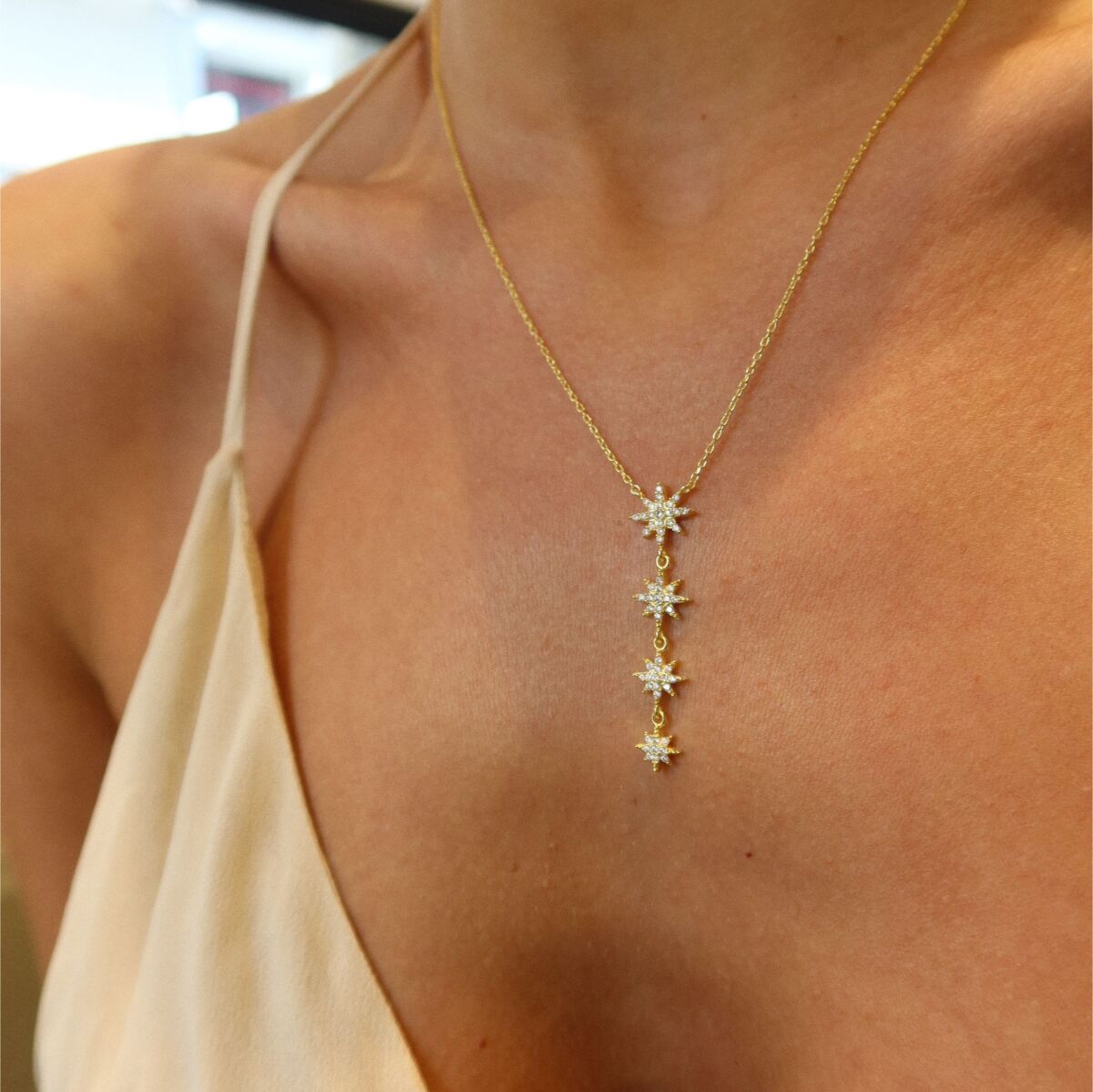 Taşlı Kutup Yıldızı Y Zincir Kolye | 925 Gümüş - 1