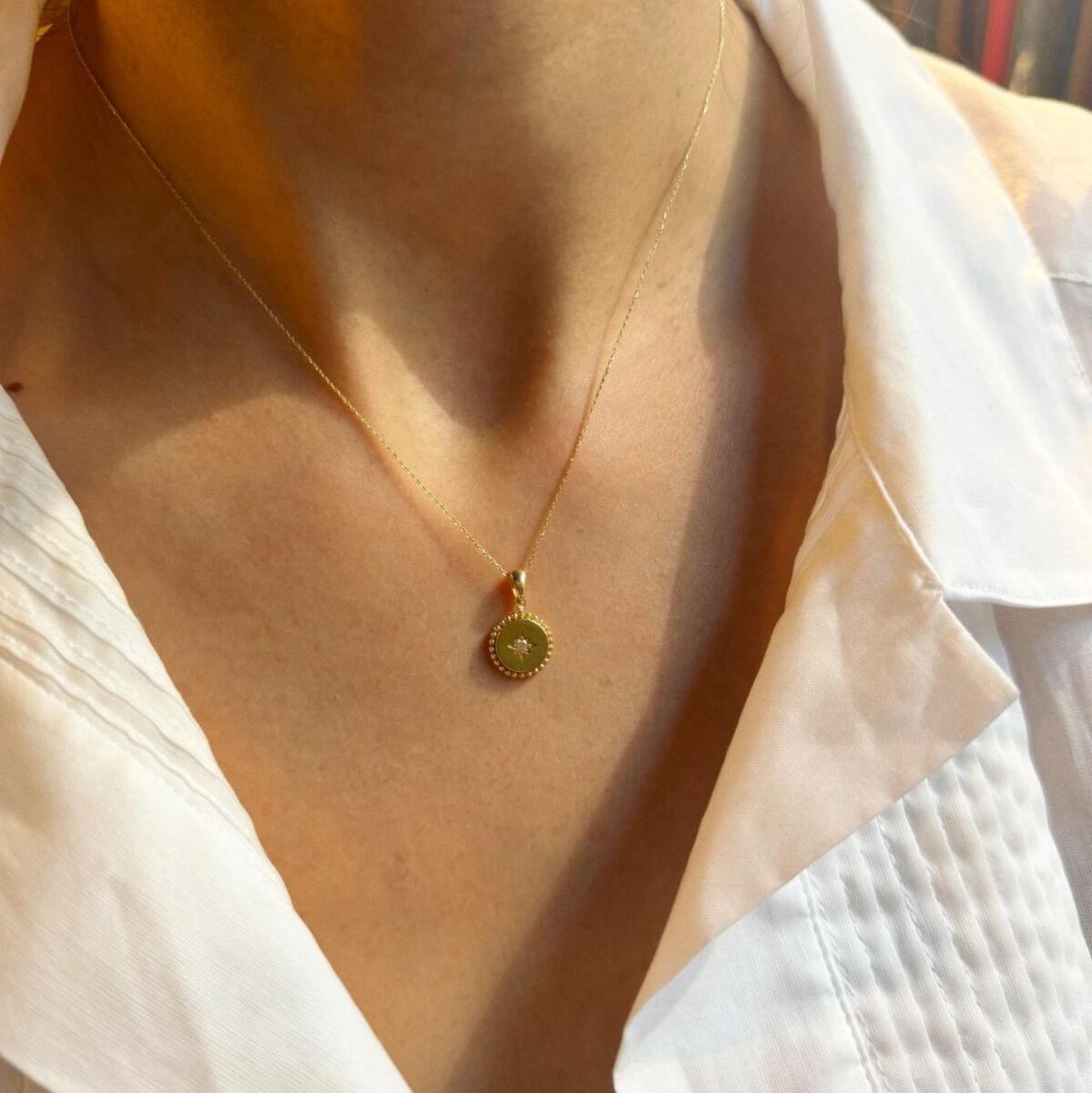 Taşlı Plaka Kutup Yıldızı Kolye | 14 Ayar Altın - 1