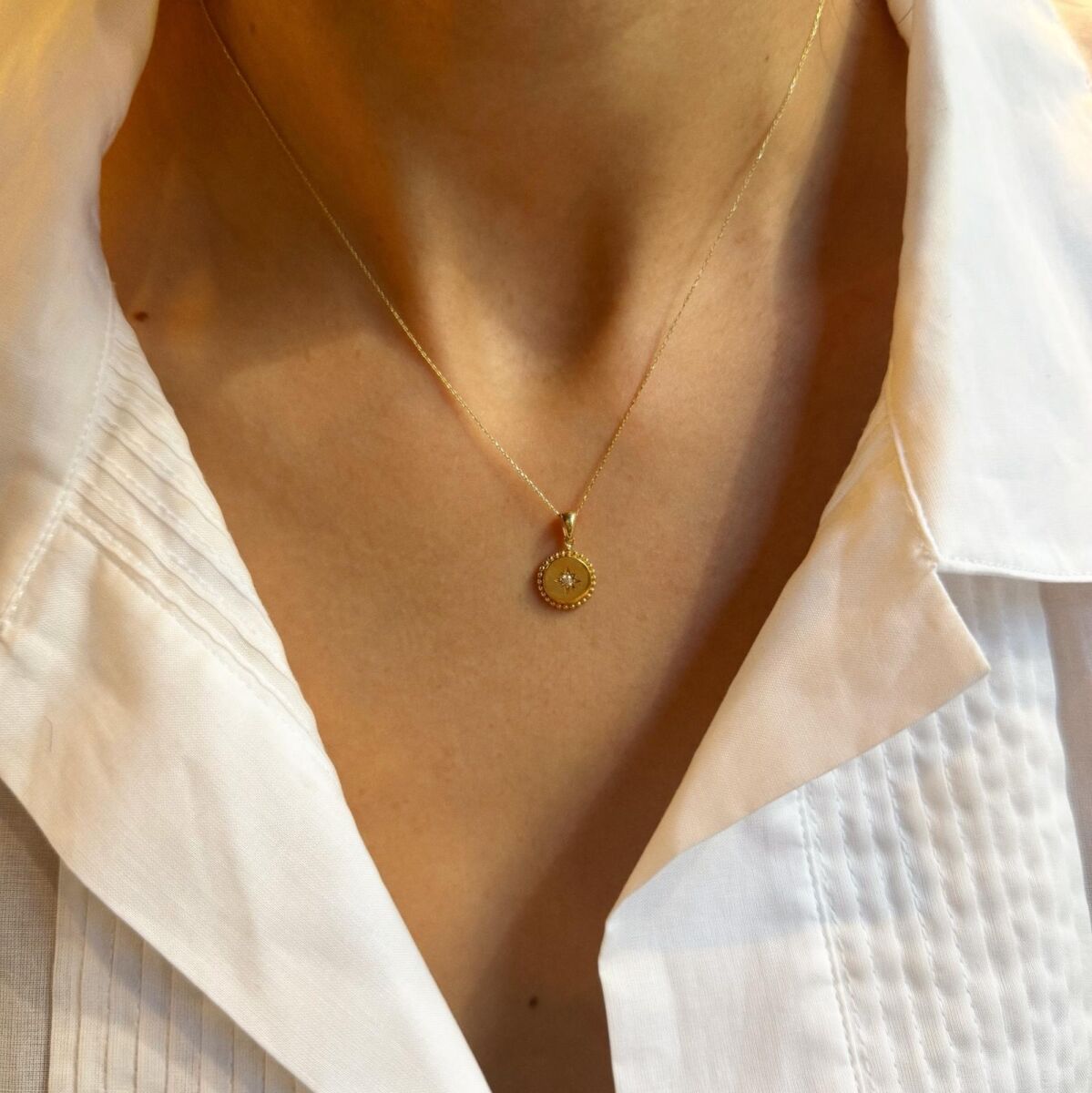 Taşlı Plaka Kutup Yıldızı Kolye | 14 Ayar Altın - 2