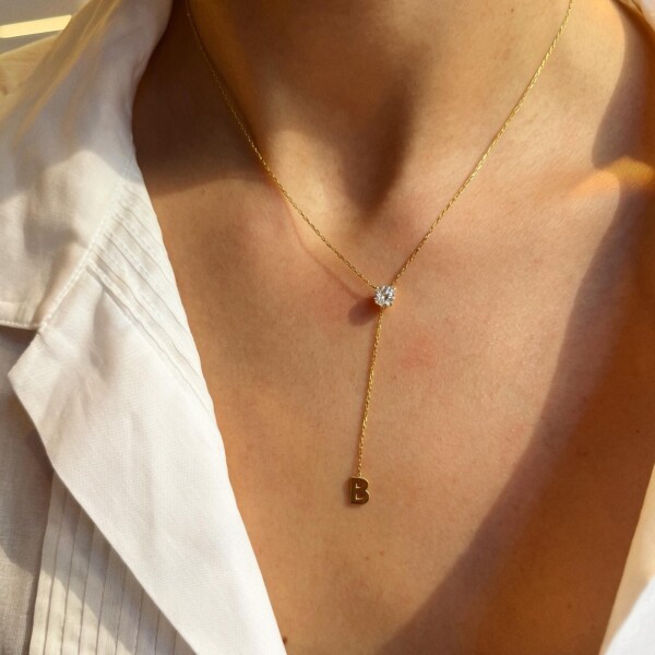 Taşlı Y Zincirli Harf Kolye | 925 Gümüş - 2