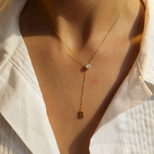 Taşlı Y Zincirli Harf Kolye | 925 Gümüş - 1