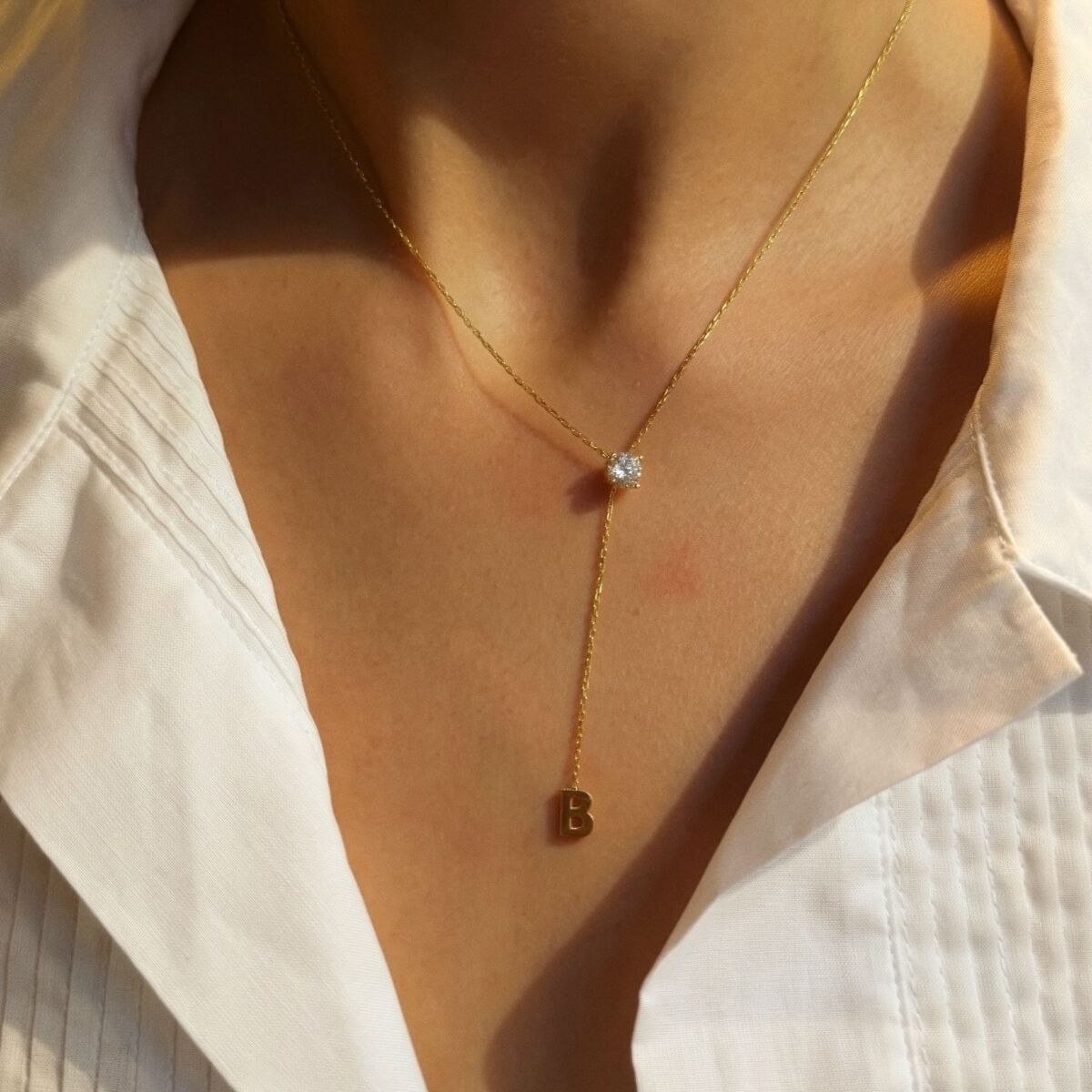 Taşlı Y Zincirli Harf Kolye | 925 Gümüş - 1