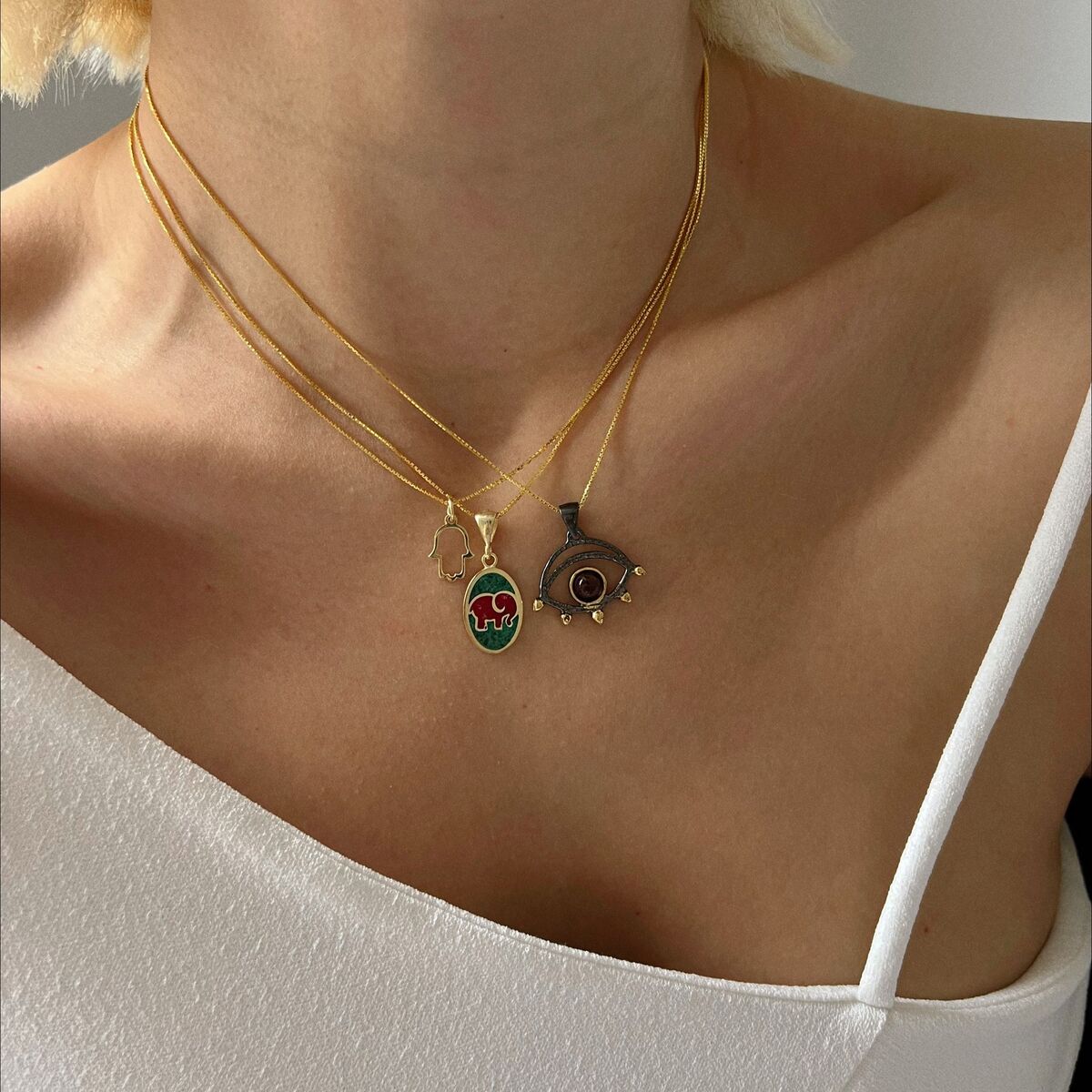 Vintage Kirpikli Yeşil Göz Kolye | 925 Gümüş - 2