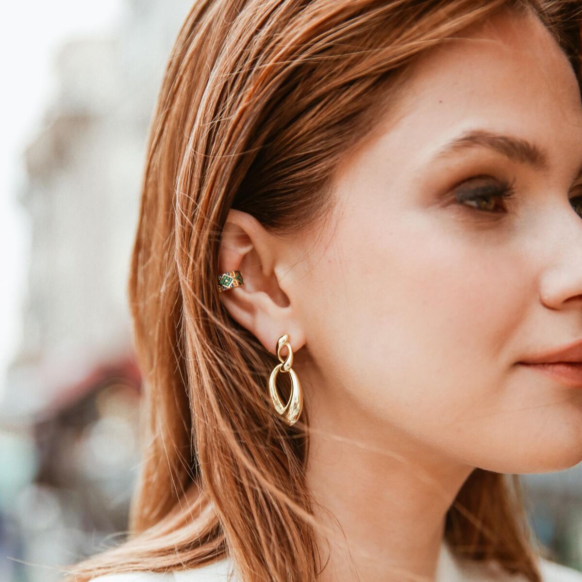 Yeşil Taşlı Kalın Ear Cuff | 925 Gümüş - 1