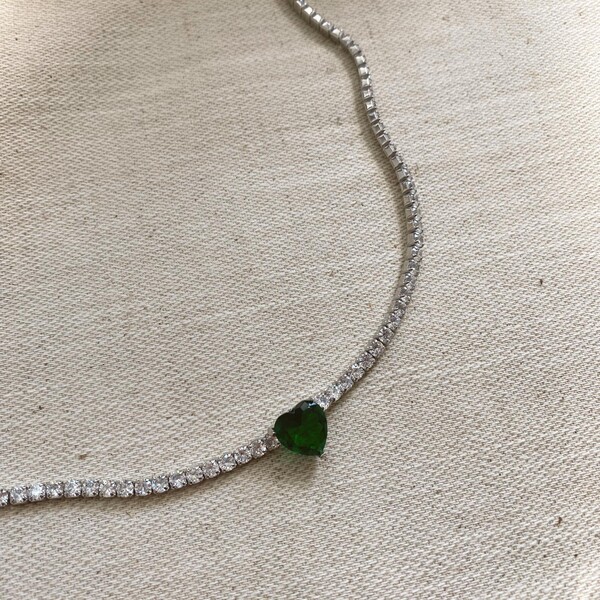 Yeşil Taşlı Kalp Su Yolu Choker | 925 Gümüş - Fi Season