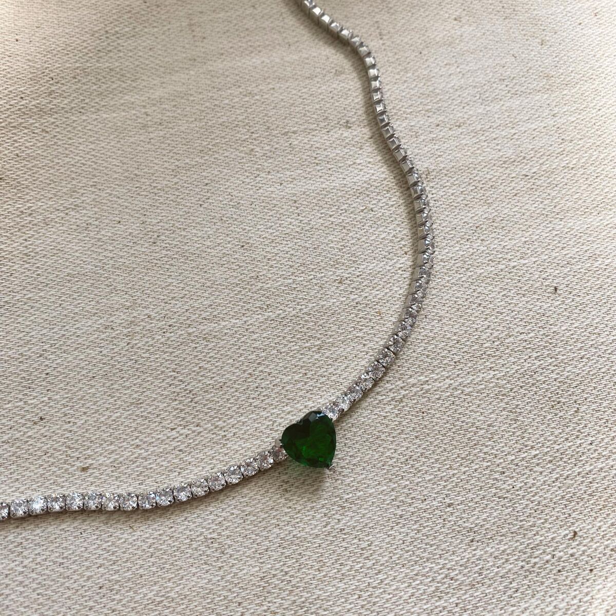 Yeşil Taşlı Kalp Su Yolu Choker | 925 Gümüş - 1