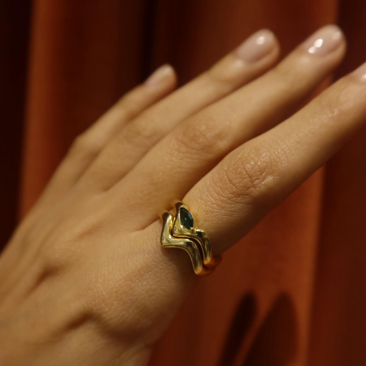 Yeşil Badem Taşlı Kıvrımlı Yüzük | 925 Gümüş - 2