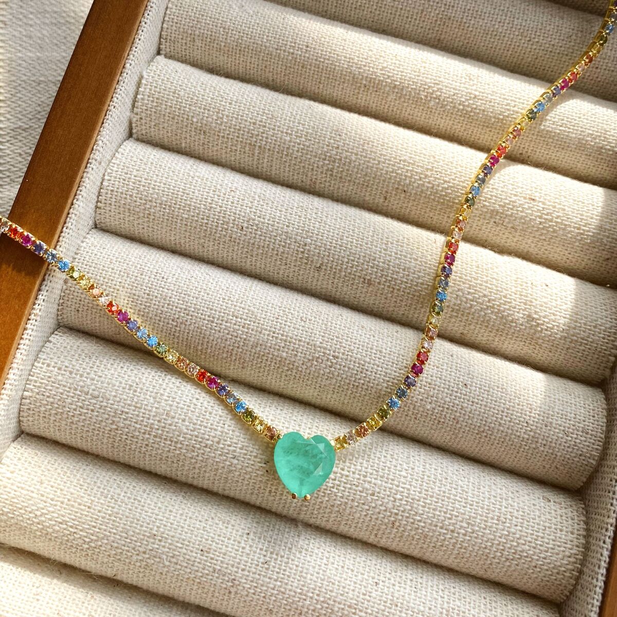 Yeşil Taşlı Renkli Su Yolu Choker | 925 Gümüş - 1
