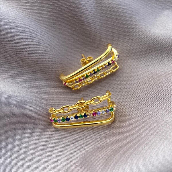 Zincirli Renkli Taşlı Kulağı Saran Küpe | 925 Gümüş - 1